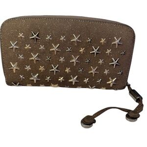 Jimmy Choo sparkly brown zippy wallet with gold studs. EUC